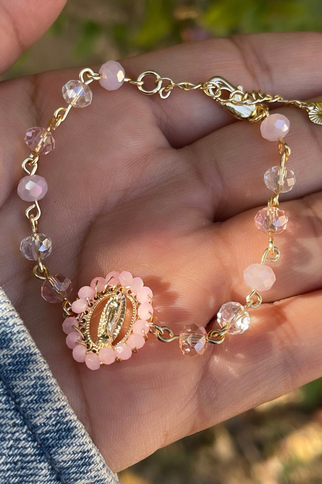 Pink Virgencita crystal bracelet