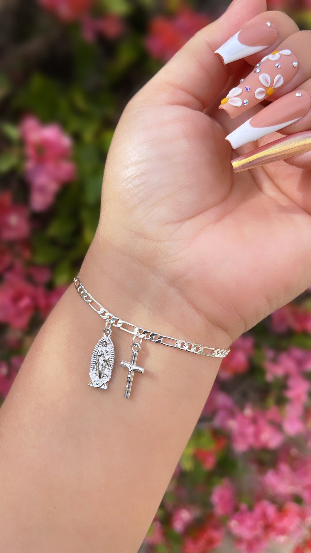 Silver Virgencita & Cross charm bracelet