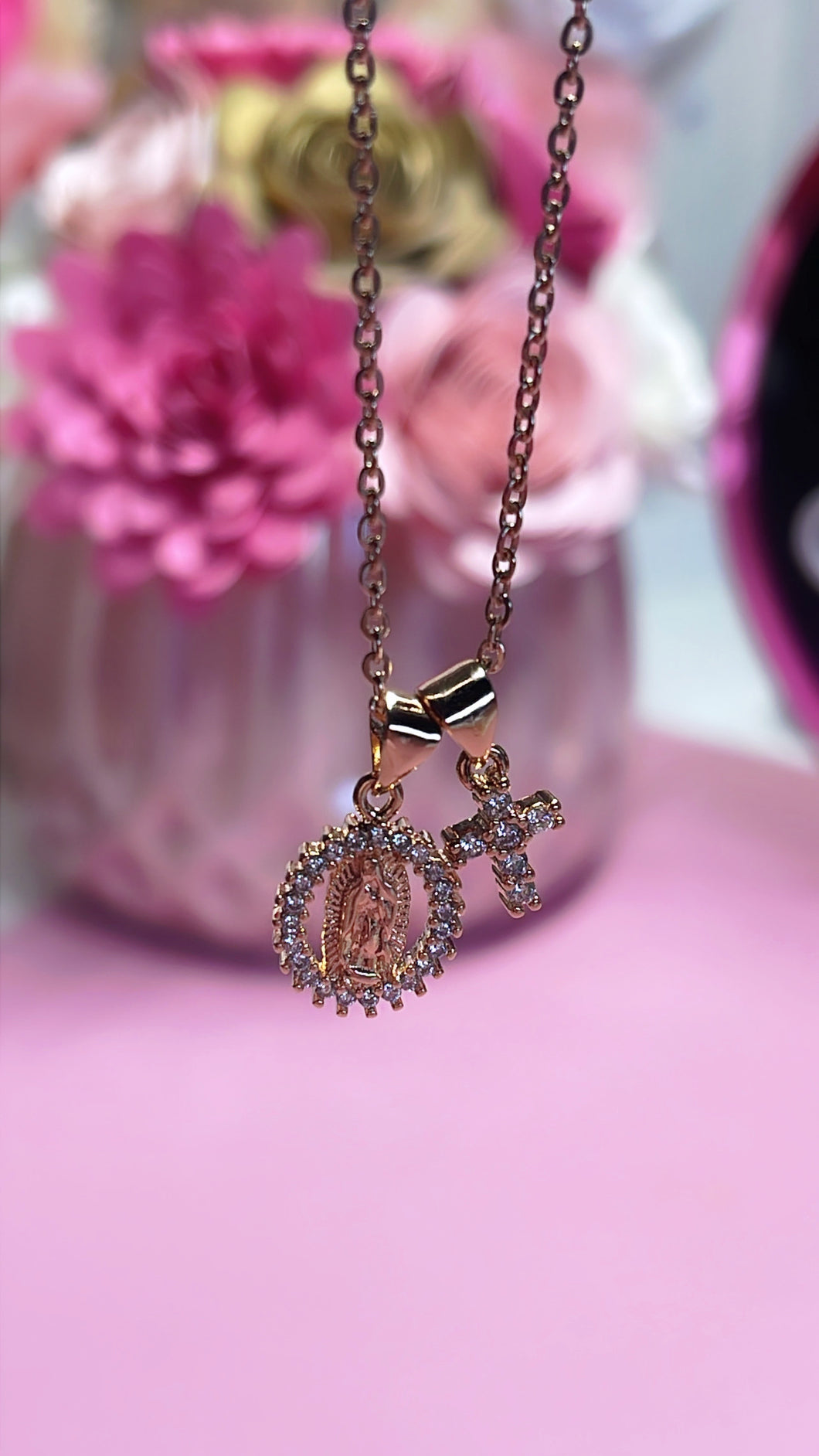 Virgencita & Cross rose gold necklace