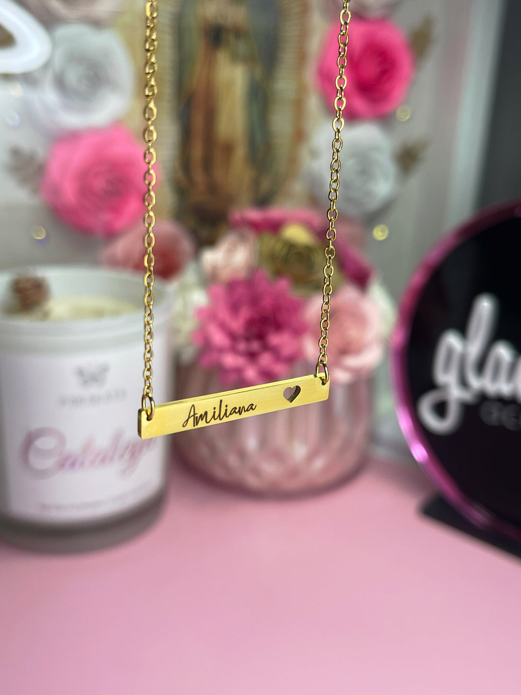 Personalized heart bar necklace