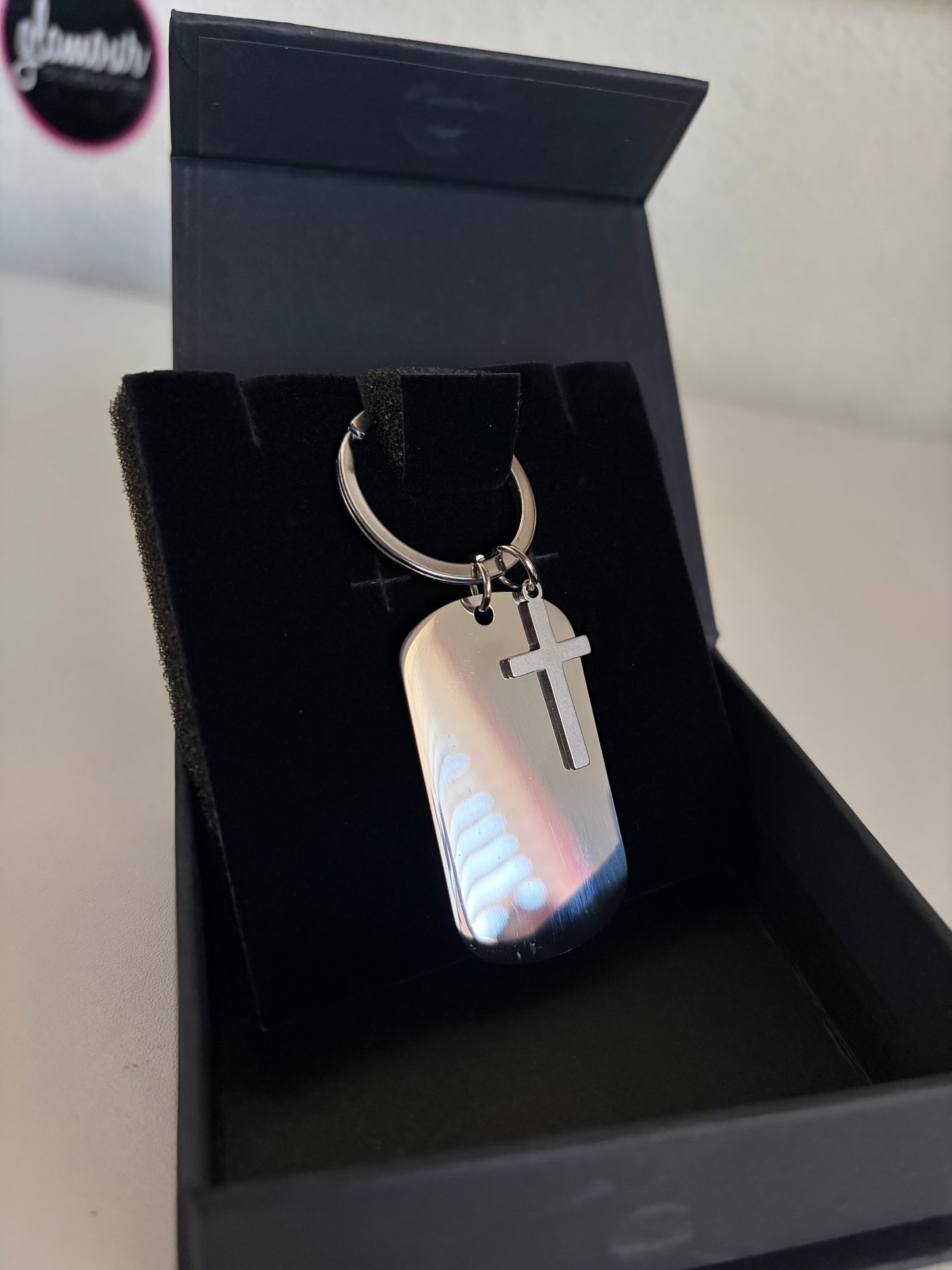 Tag Keychain with Cross charm