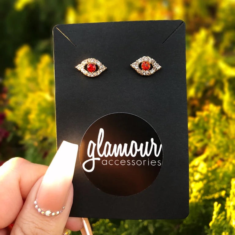 Red eye rhinestone earrings